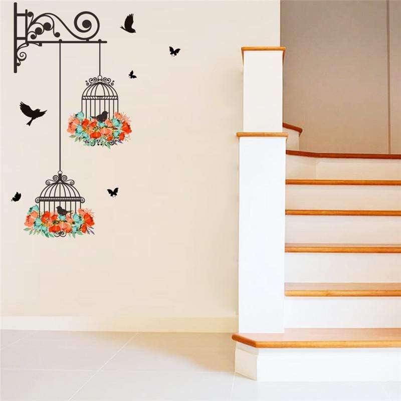 Wall Stickers Birdcage Flower Flying