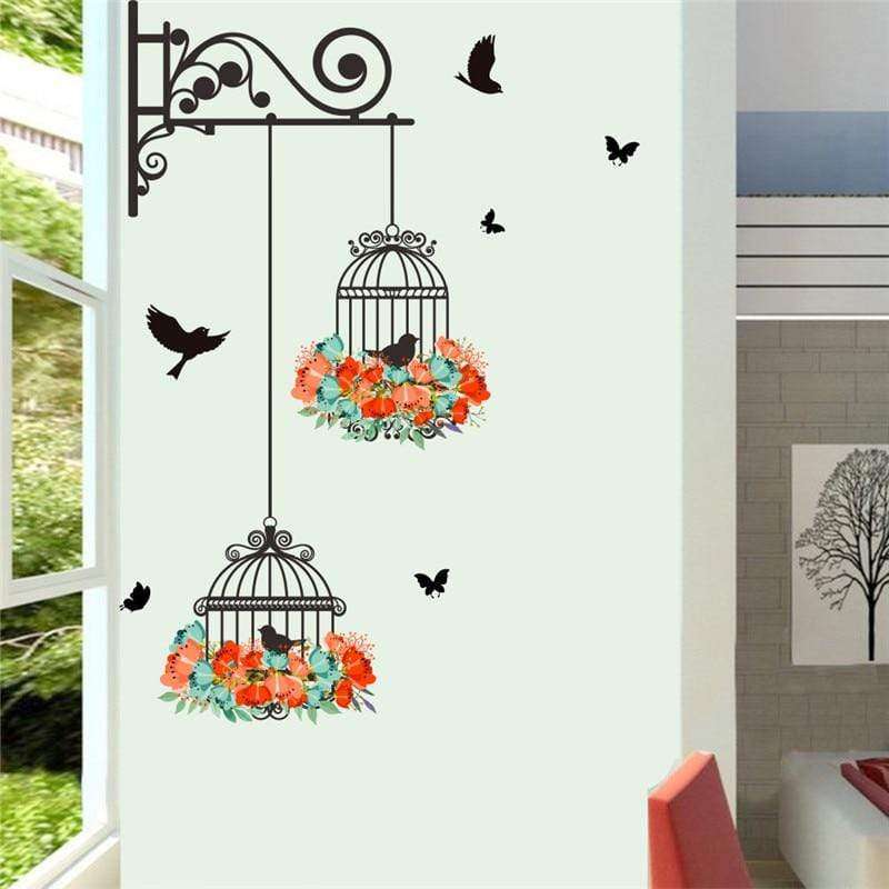 Wall Stickers Birdcage Flower Flying